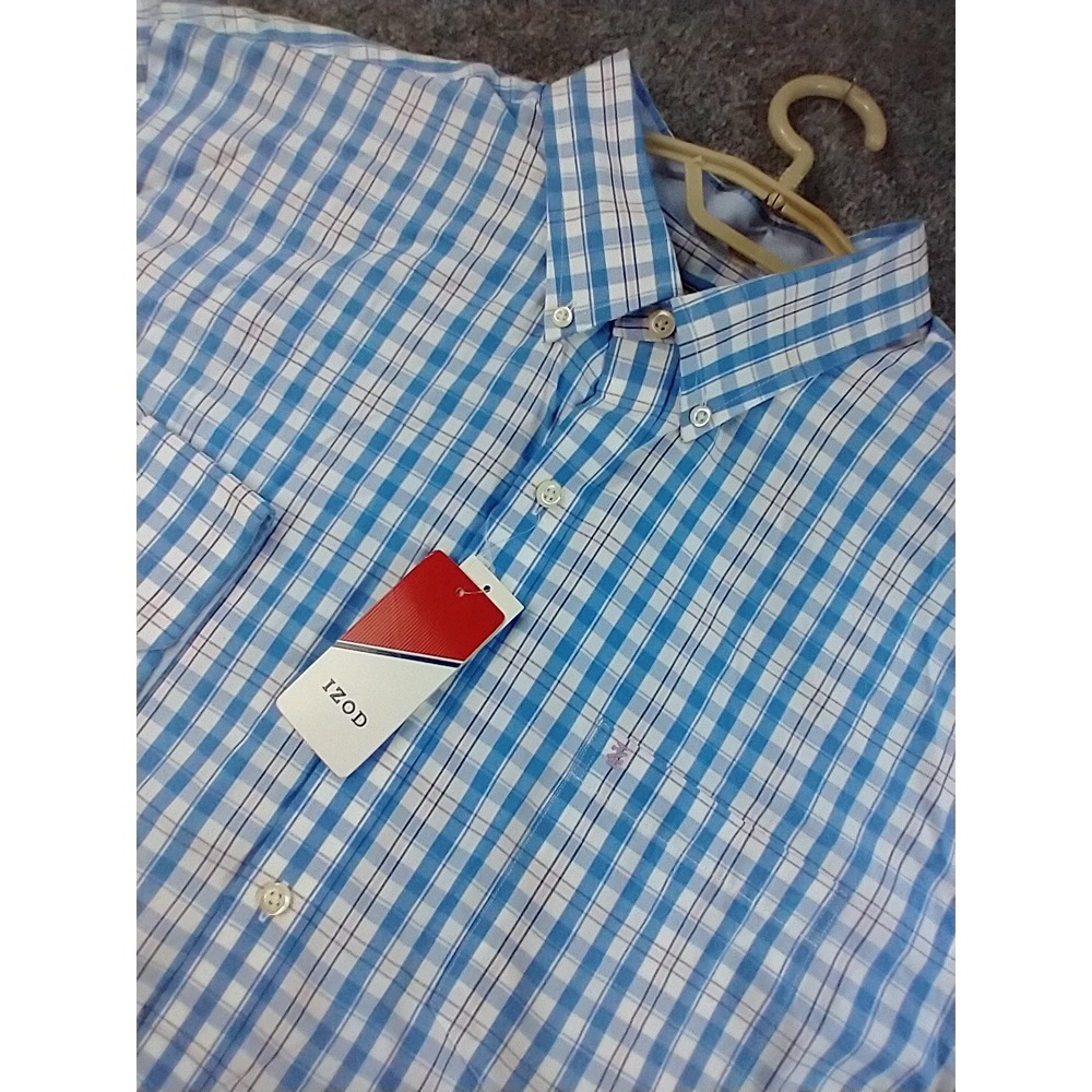 IZOD Mens XL Blue pink White Plaid Long Sleeve Button Down Cotton Shirt NWT